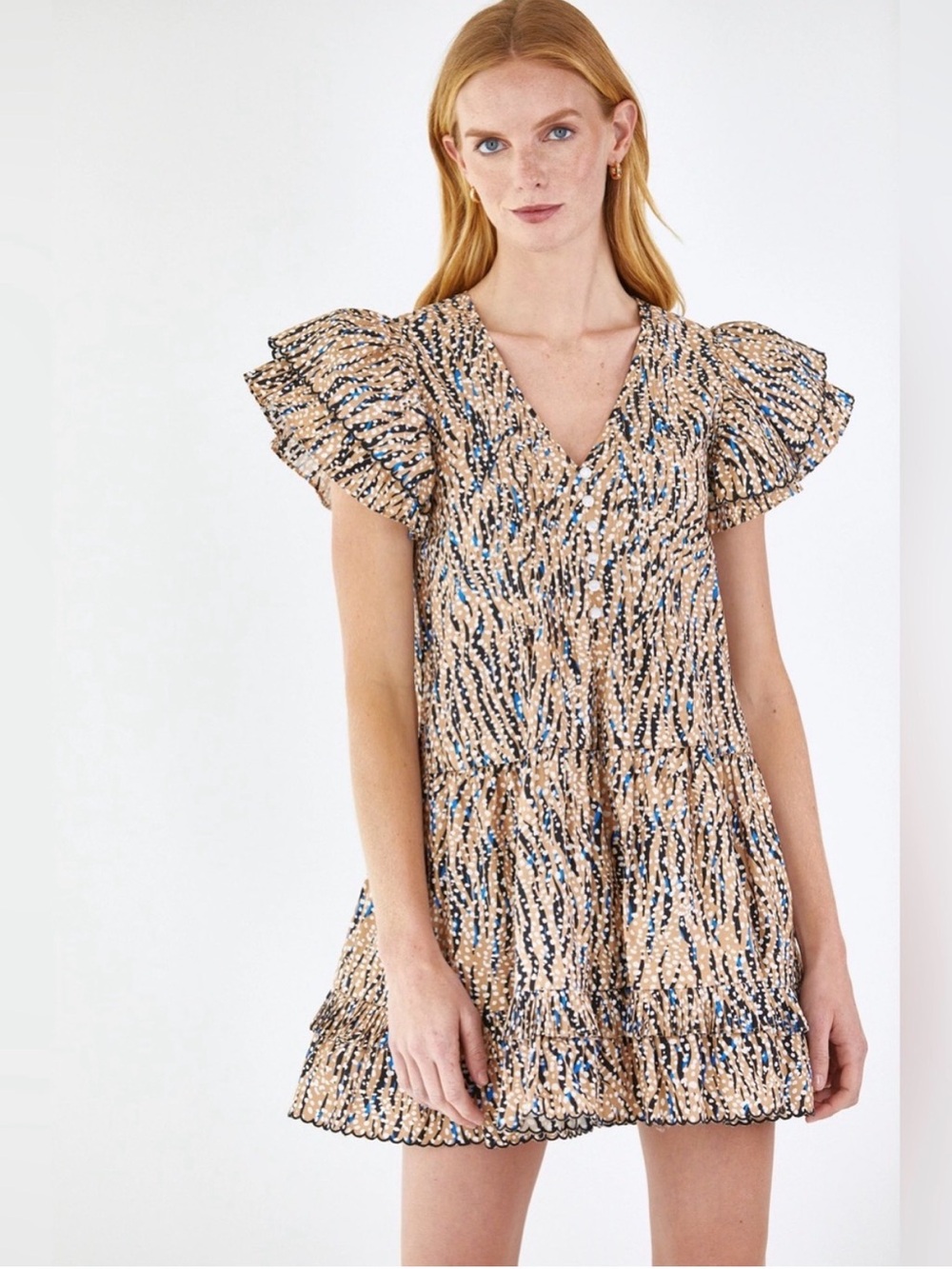 HUNTER BELL Beige and Black Patterned Flutter-Sleeve Mini Dress
